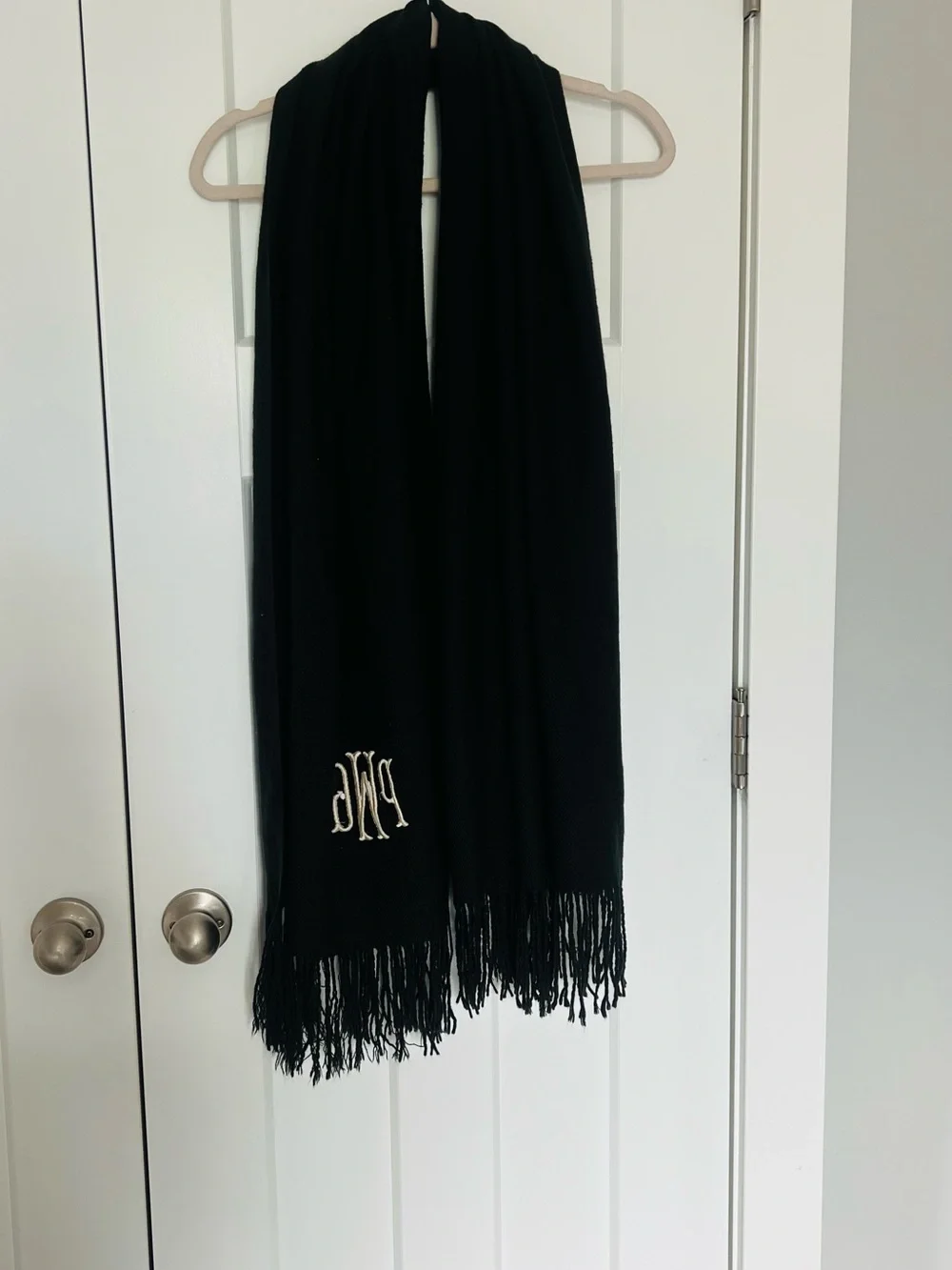 Black Fringe Scarf with Monogram Embroidery